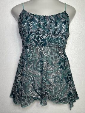 Y2K Sheer Mesh Paisley Babydoll Cami Top Teal Gray Empire Waist Tie Back Size L